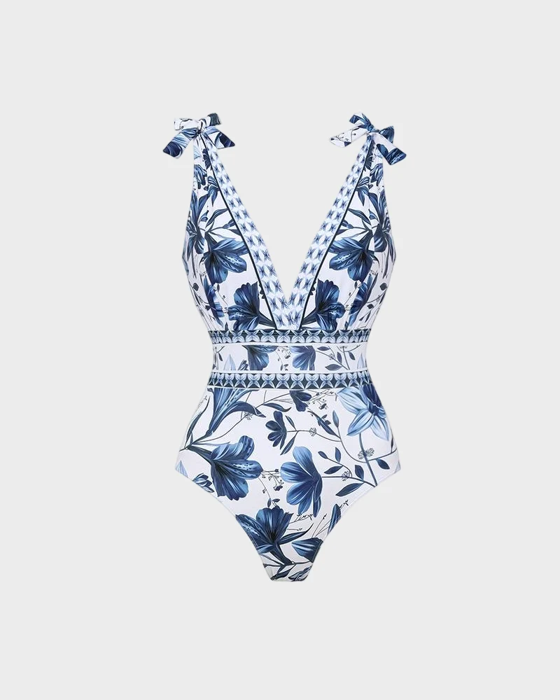 Blue Print Swimsuit Set with Cover Skirt V Neck Swimsuit Dress - Image 9