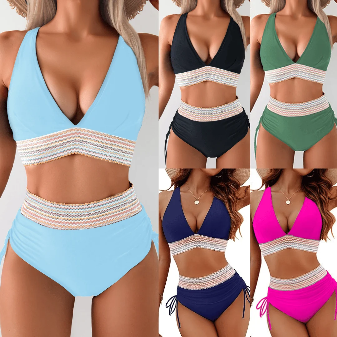 High Waisted Tummy Control Color Block Bikini Sets - Image 5