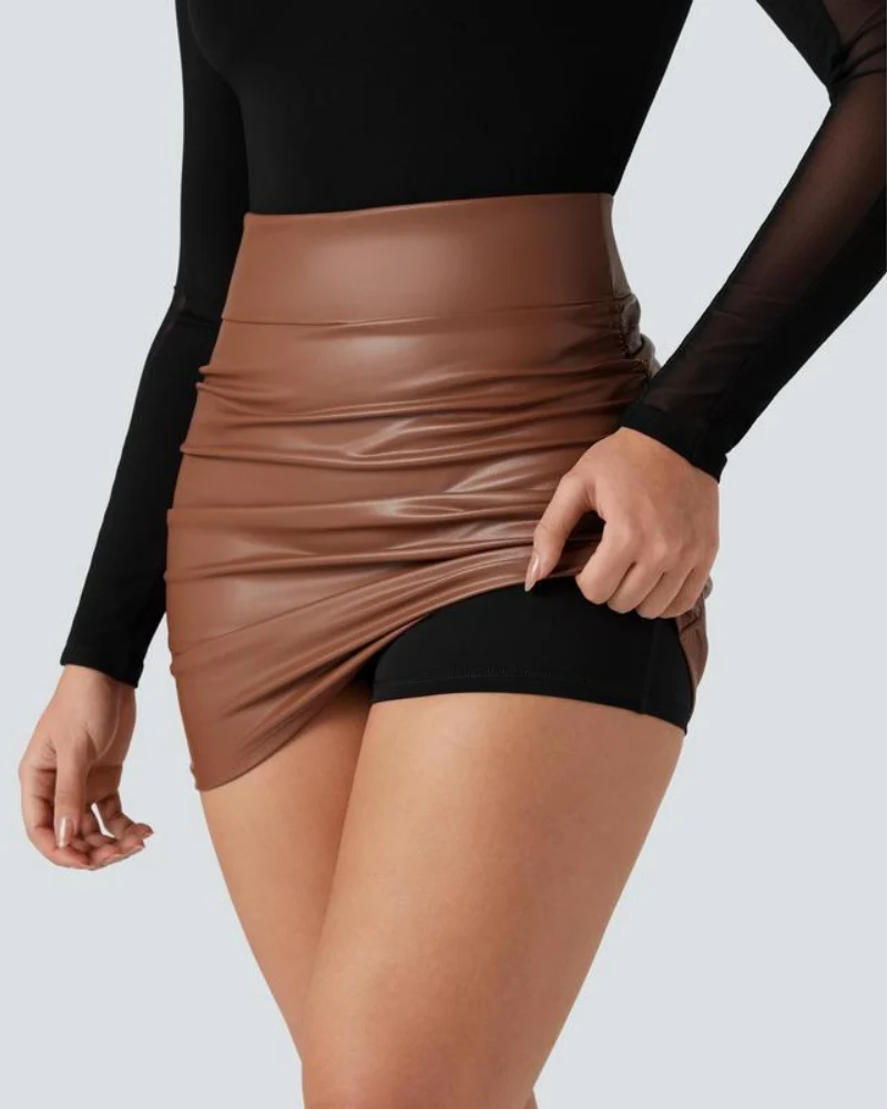 High Waisted Tummy Control Ruched Fleece Mini Skirt - Image 3