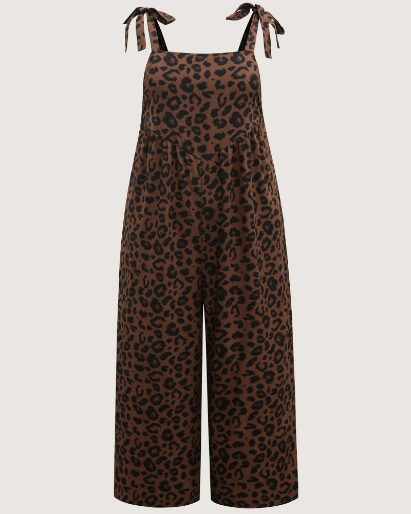 Leopard Print Jumpsuit with Shirred Shoulder Ties and Square Neck - Image 7