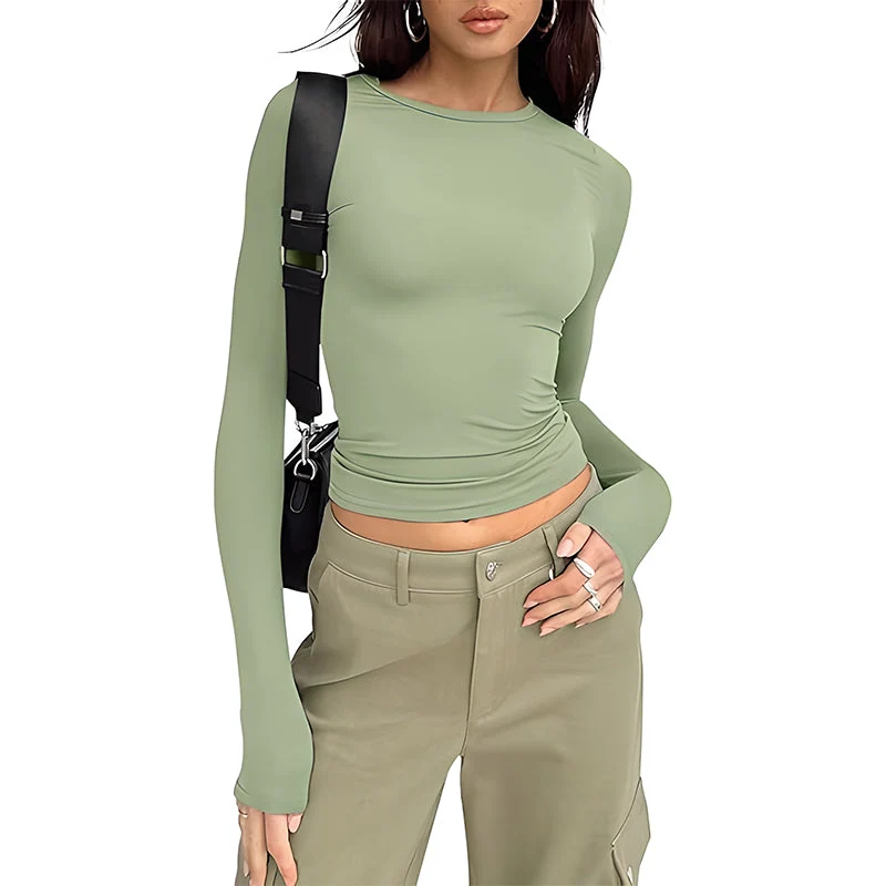 Long Sleeve Basic Tee Women's Crew Neck Slim Fit Tops - Image 9