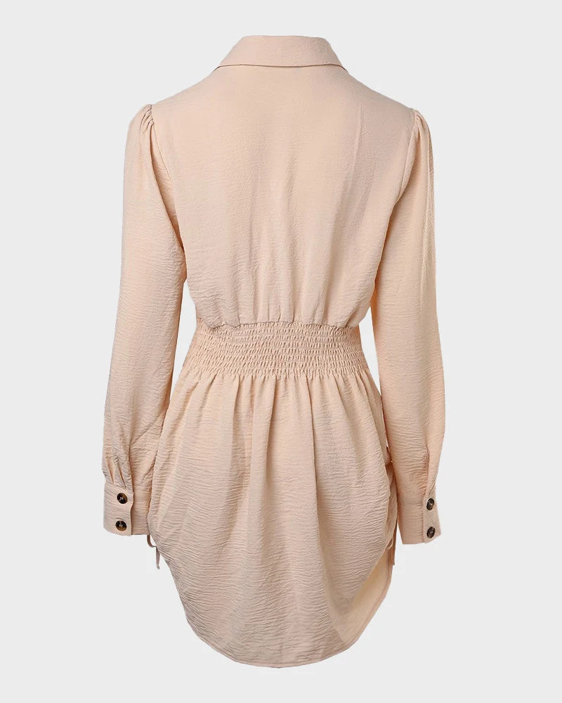 Long Sleeve Button Down Drawstring Shirt Dress - Image 36