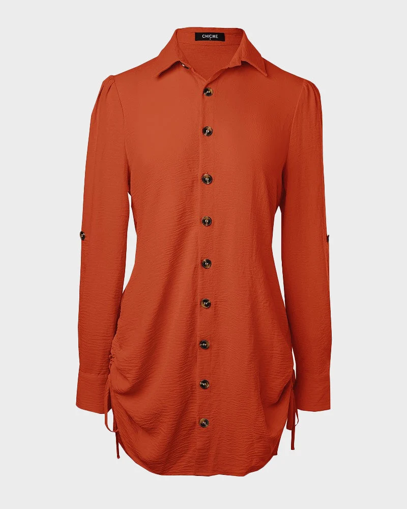 Long Sleeve Button Down Drawstring Shirt Dress - Image 44