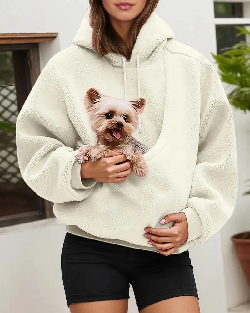Women's Pet Pocket Hoodie Oversized Plush Carrier Pullover - Image 9