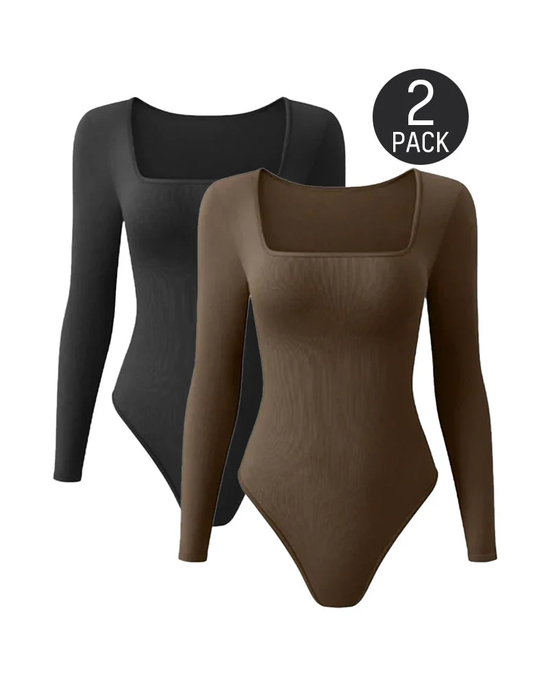 Ribbed Square Neck Long Sleeve Bodysuit - Image 16