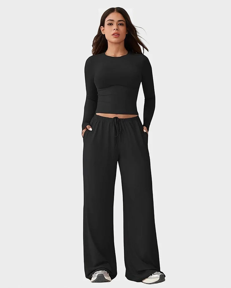 Wide-Leg Lounge Set for Women Stretchy Crop Top & Pants - Image 10