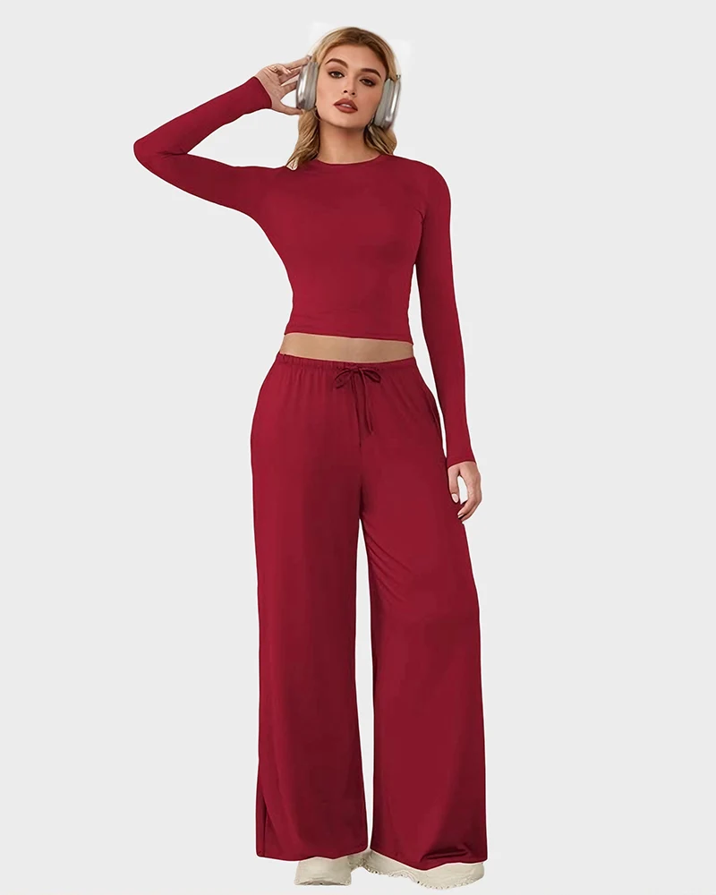 Wide-Leg Lounge Set for Women Stretchy Crop Top & Pants - Image 2