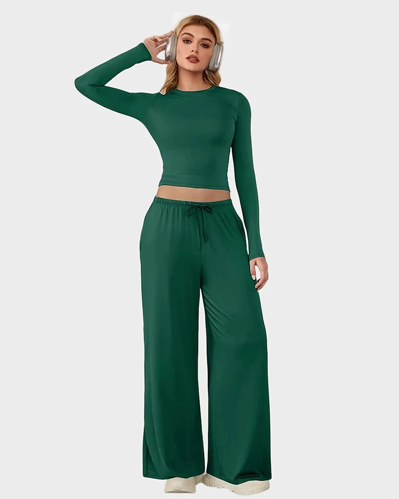 Wide-Leg Lounge Set for Women Stretchy Crop Top & Pants - Image 7