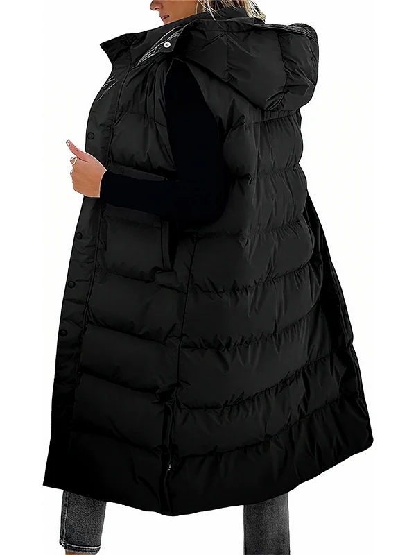 Women's Long Puffer Vest | Quilted Hood & Button Closure - Image 15