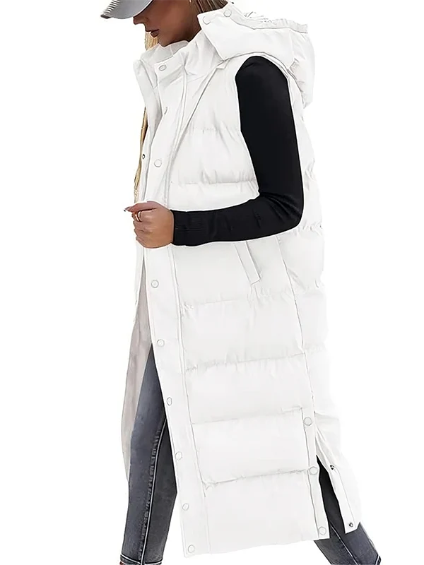 Women's Long Puffer Vest | Quilted Hood & Button Closure - Image 5