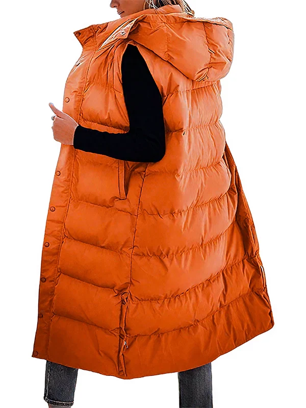 Women's Long Puffer Vest | Quilted Hood & Button Closure - Image 9