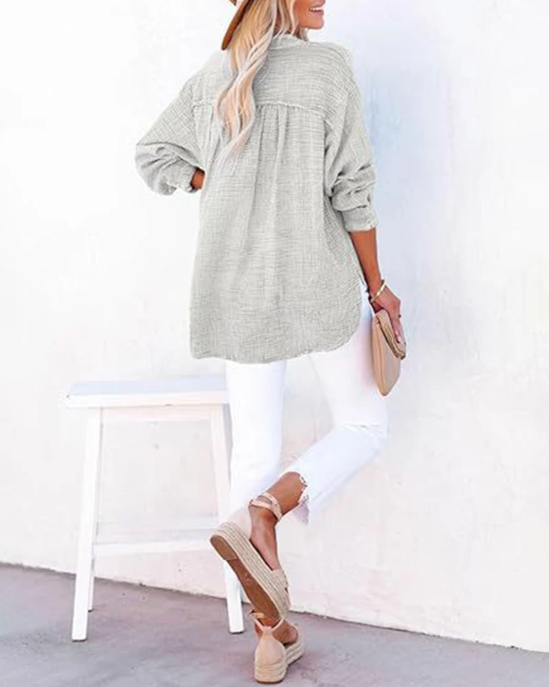 Womens Casual Button V Neck Long Sleeve Shirts Solid Blouses Tops - Image 14