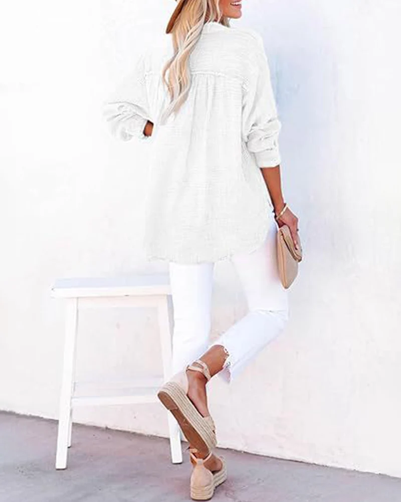 Womens Casual Button V Neck Long Sleeve Shirts Solid Blouses Tops - Image 8