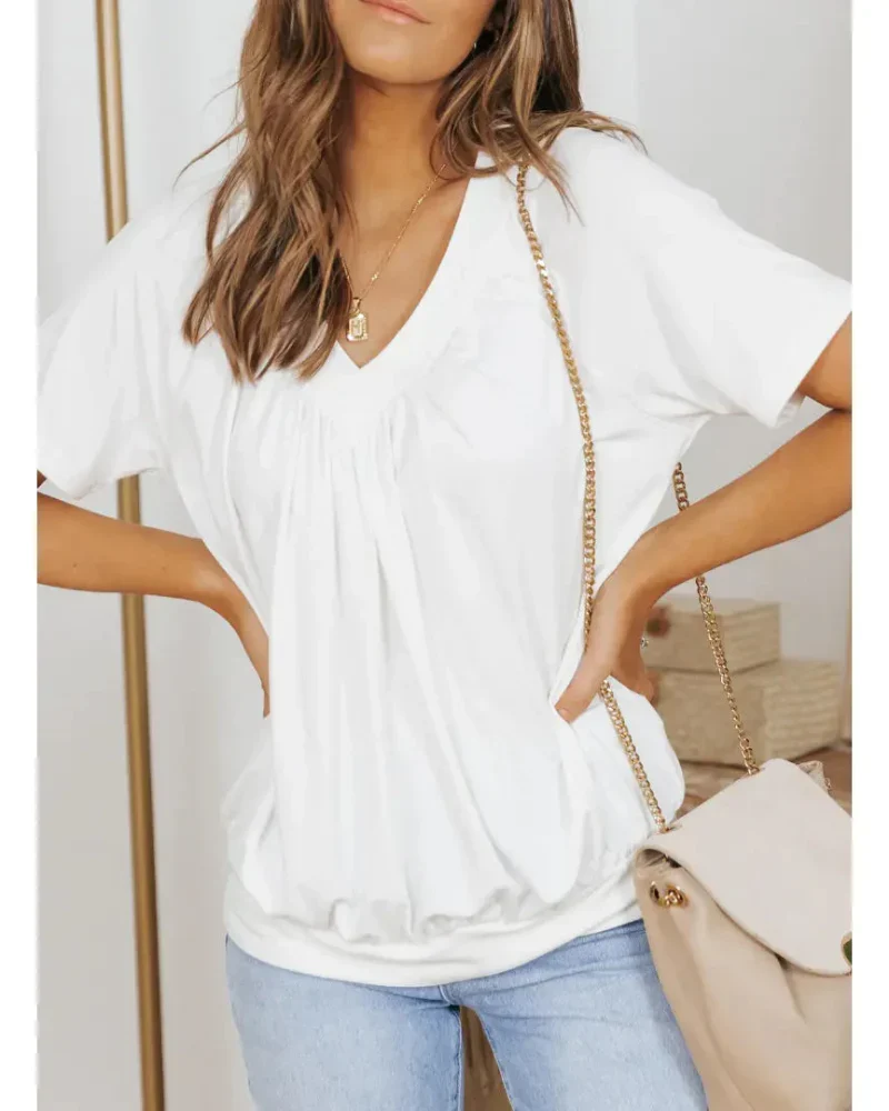 Women's Casual Summer V Neck Short Sleeve T Shirt Loose Fit Comfort Shirred Top - Image 4
