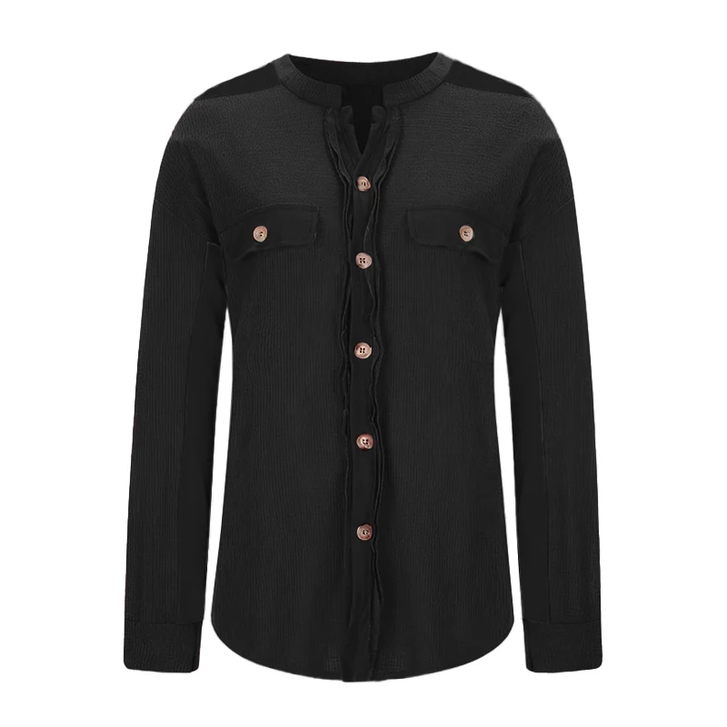 Women's Loose Fit Batwing Sleeve Waffle Knit Button Down Shirt Shacket Tops - Image 11