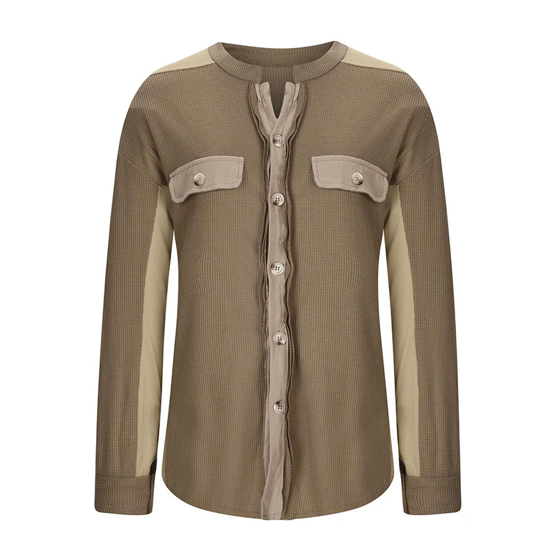 Women's Loose Fit Batwing Sleeve Waffle Knit Button Down Shirt Shacket Tops - Image 5