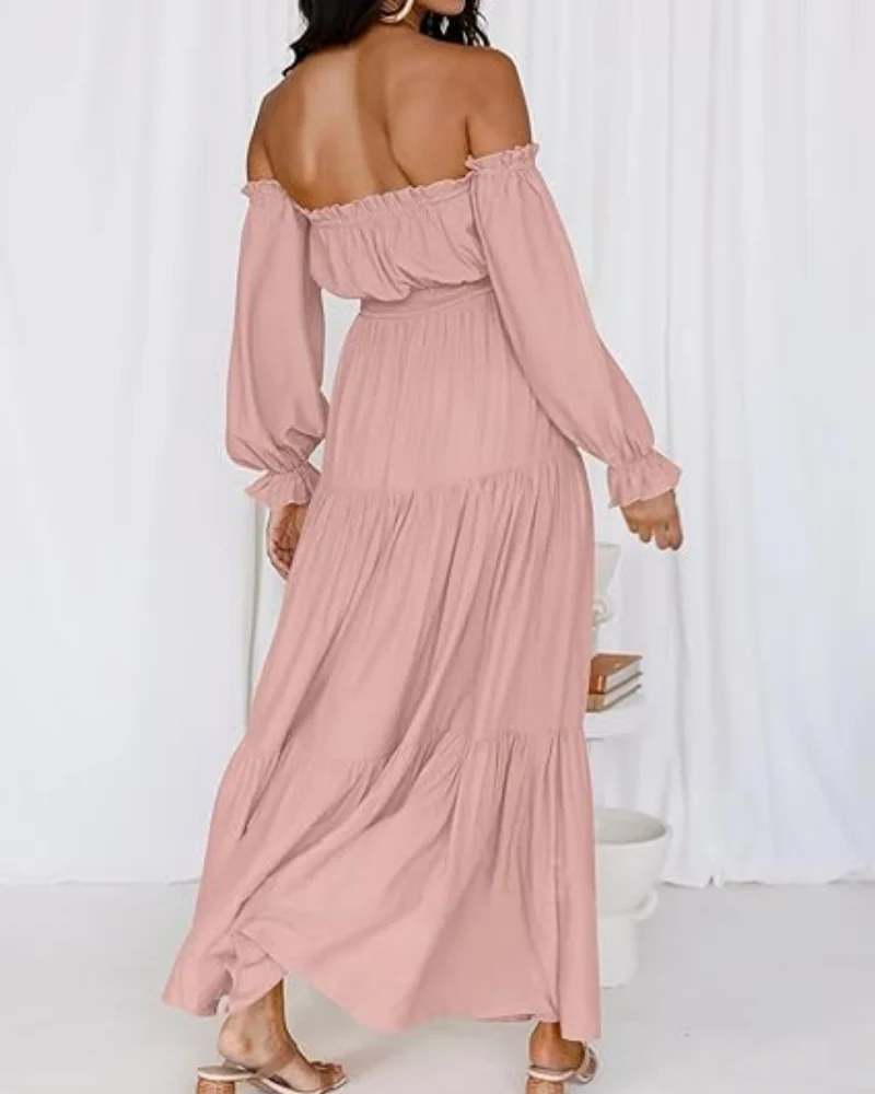Women's Off Shoulder Maxi Dress Smocked High Waist with Side Slit - Image 12