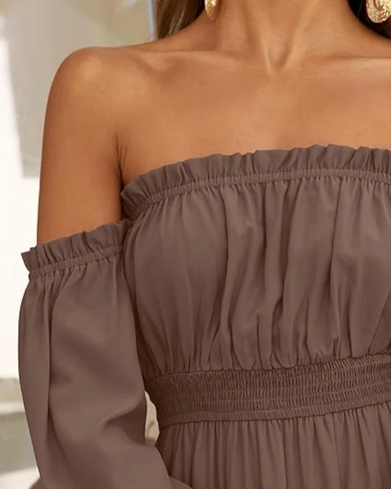 Women's Off Shoulder Maxi Dress Smocked High Waist with Side Slit - Image 16
