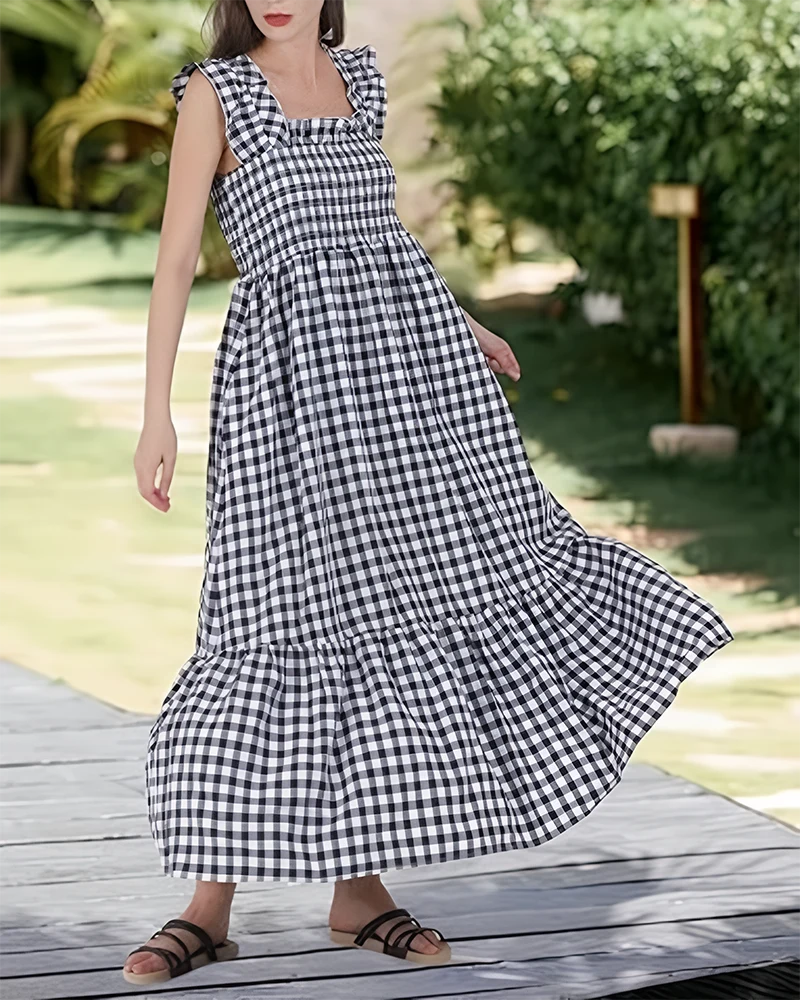 Women's Retro Plaid Smocked Dress Spaghetti Strap Flowy Maxi with Pockets - Image 15