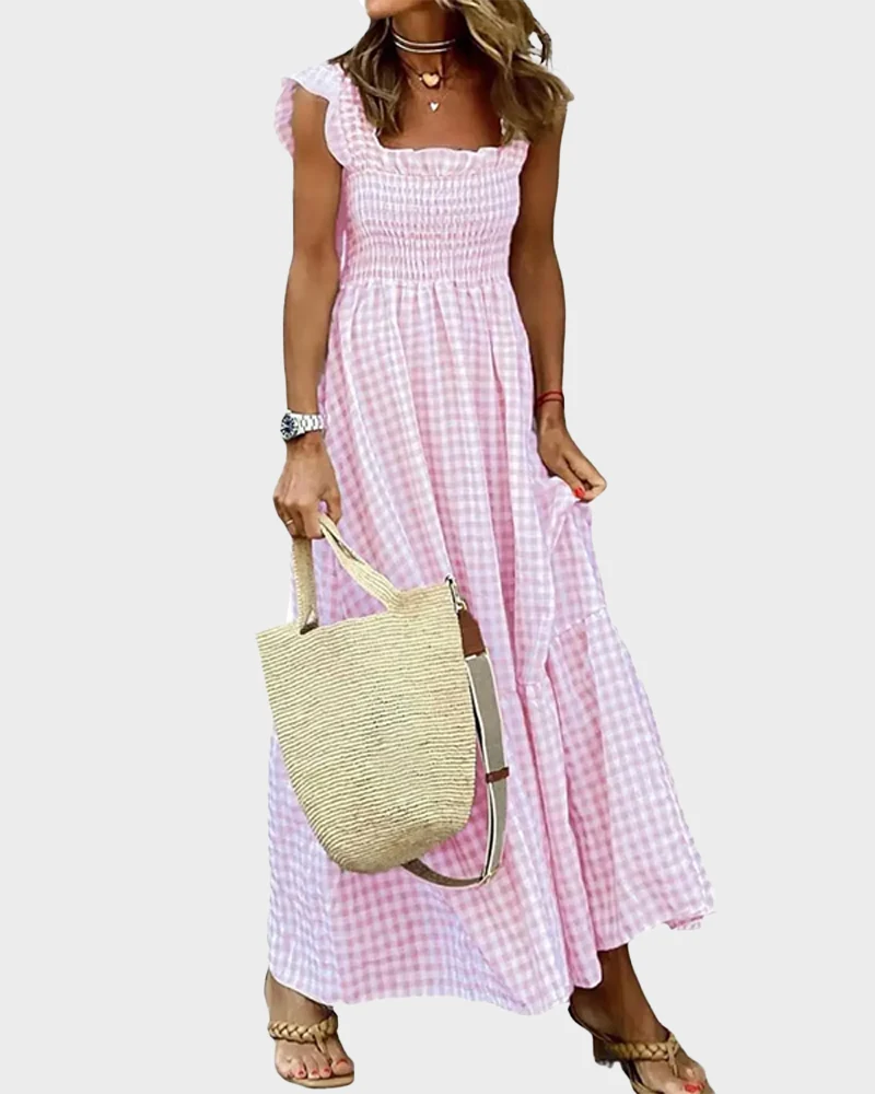 Women's Retro Plaid Smocked Dress Spaghetti Strap Flowy Maxi with Pockets - Image 22