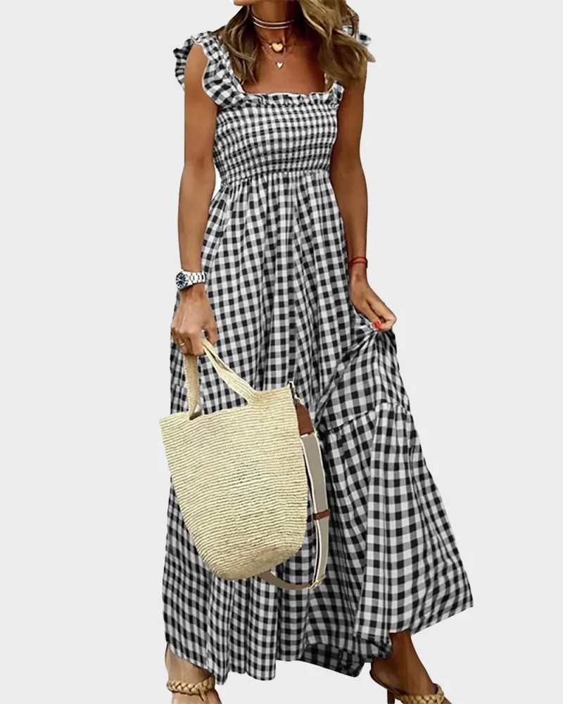 Women's Retro Plaid Smocked Dress Spaghetti Strap Flowy Maxi with Pockets - Image 23