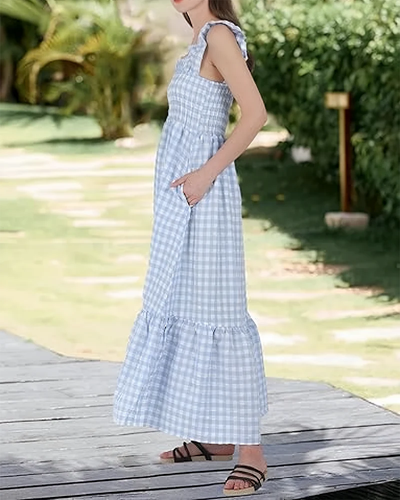 Women's Retro Plaid Smocked Dress Spaghetti Strap Flowy Maxi with Pockets - Image 9